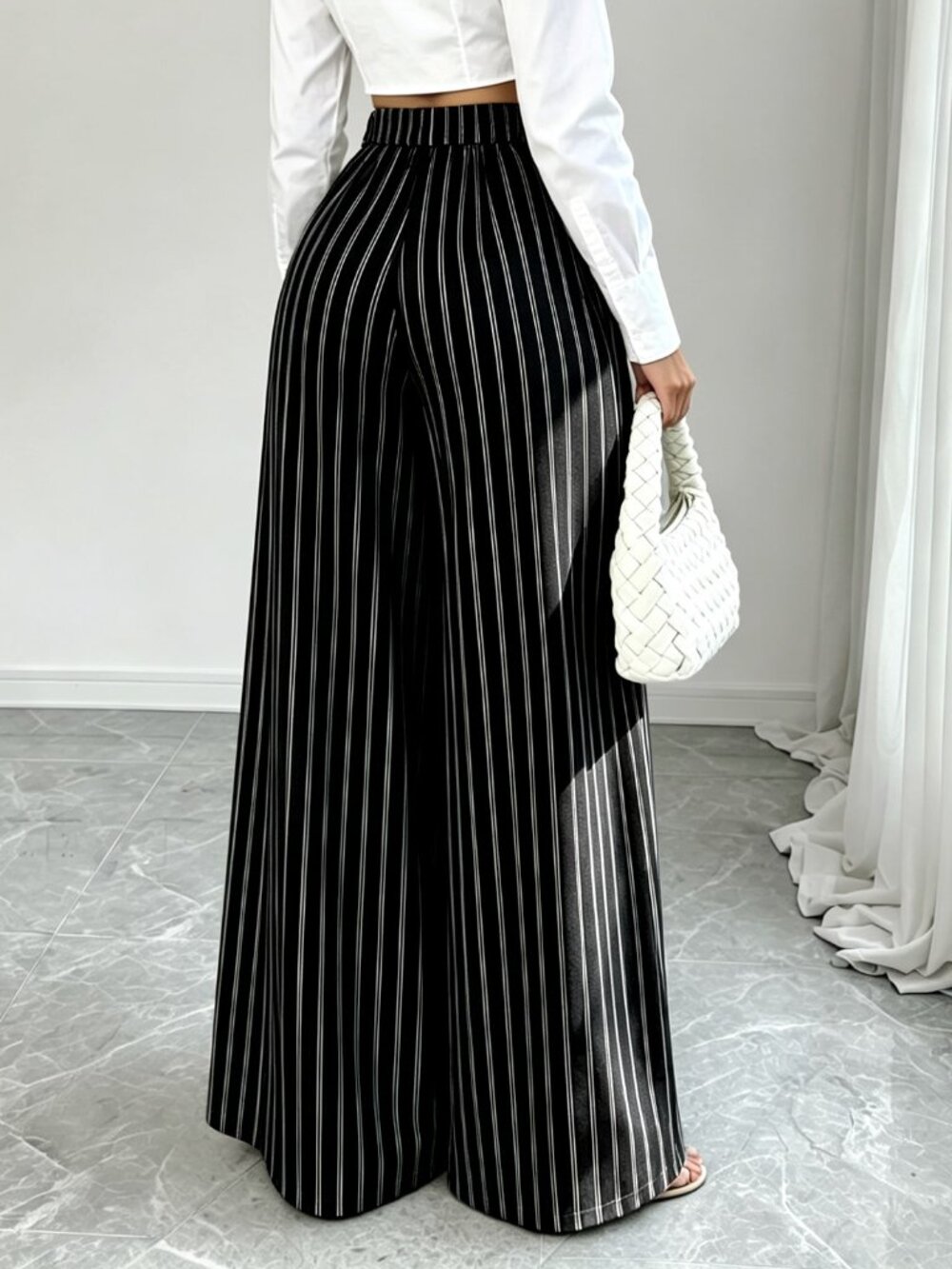 Black Casual Women's French Style Drapey Striped Wide Leg Long Pants - Picture 2 of 7